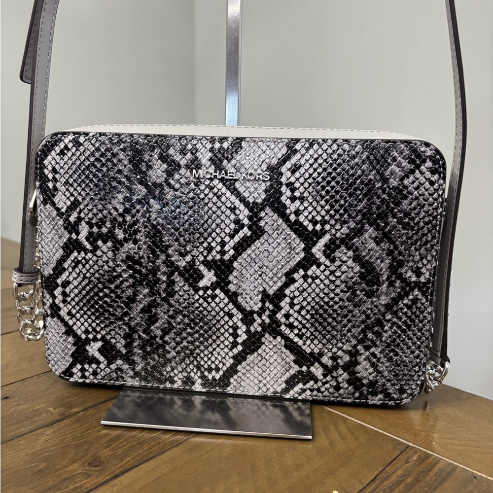Michael Kors Jet Set Camera Bag in Black and White Snake-Embossed Leather